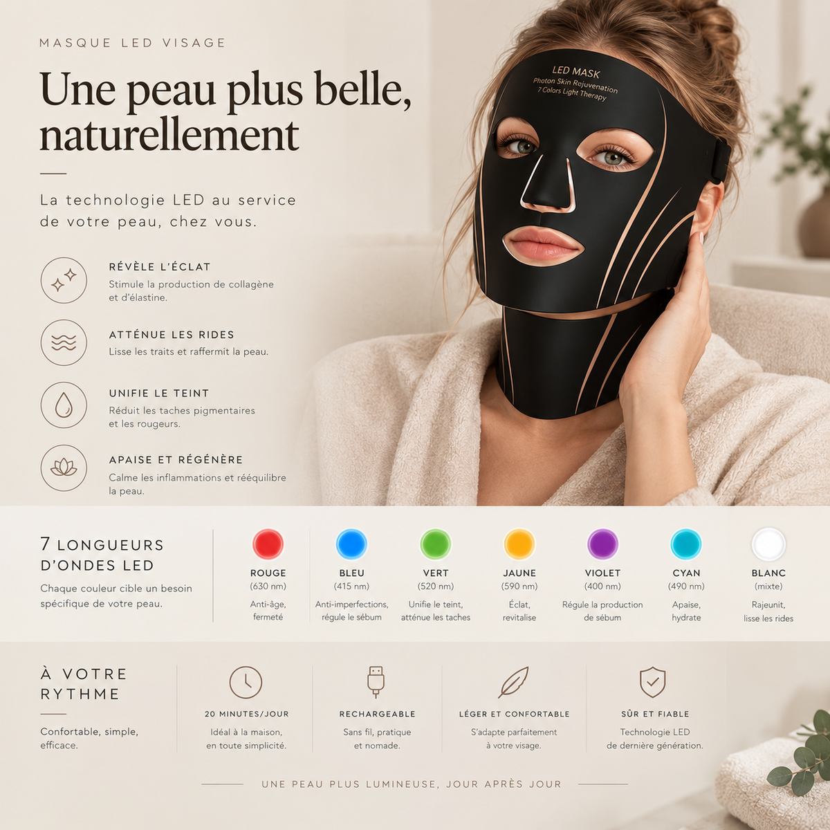 Masque facial LED portable en silicone à 7 couleurs pour la thérapie par la lumière