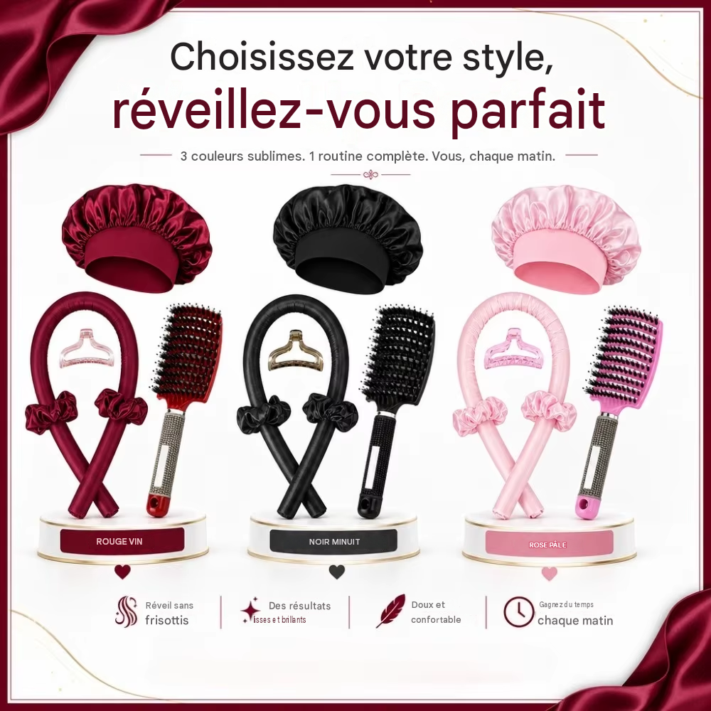 Kit de Coiffure Sans Chaleur 6 Pièces - Bigoudis Satin, Bonnet et Brosse pour Boucles Toute la Nuit