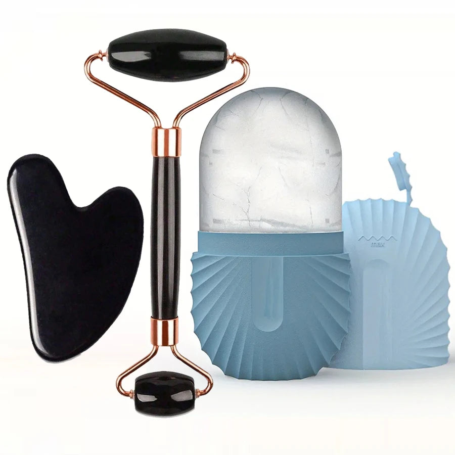 Rouleau de Glace Visage et Outil Gua Sha - Kit Soin du Visage Raffermissant et Massant (1/2/3 pièces)
