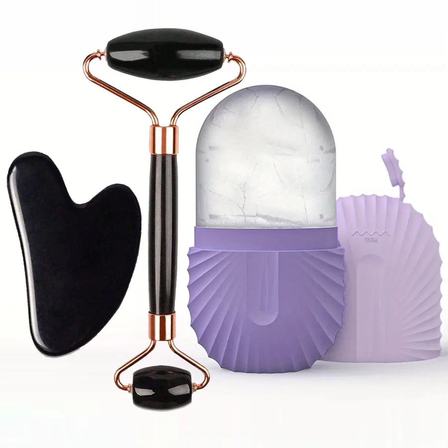 Rouleau de Glace Visage et Outil Gua Sha - Kit Soin du Visage Raffermissant et Massant (1/2/3 pièces)