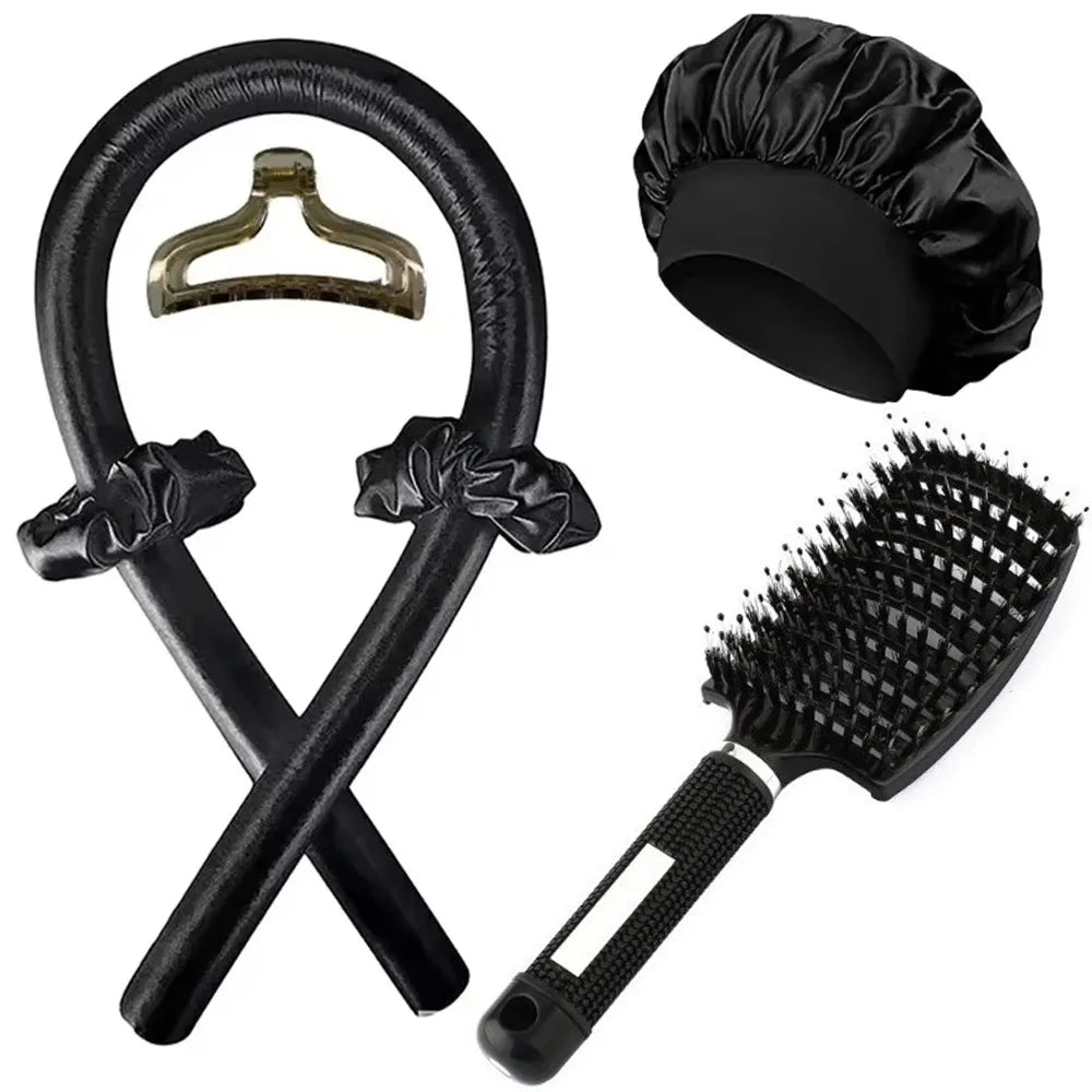 Kit de Coiffure Sans Chaleur 6 Pièces - Bigoudis Satin, Bonnet et Brosse pour Boucles Toute la Nuit
