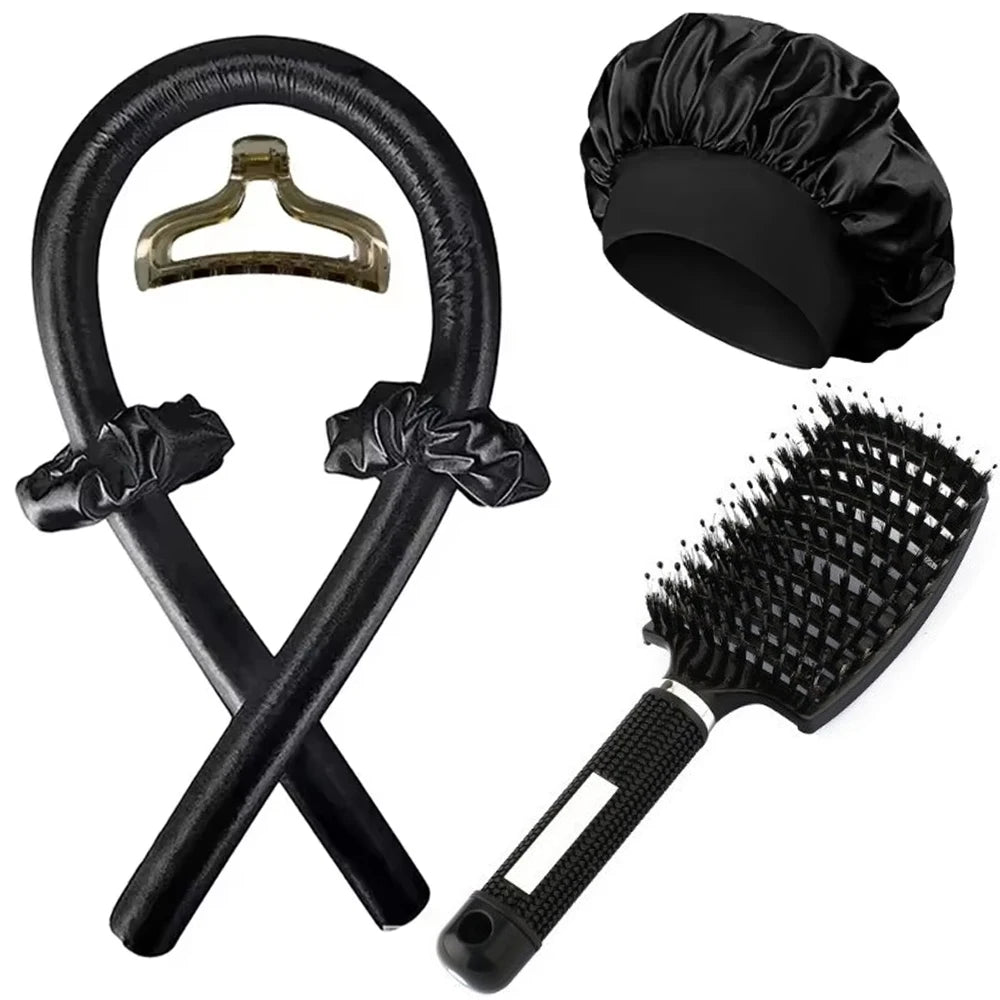 Kit de Coiffure Sans Chaleur 6 Pièces - Bigoudis Satin, Bonnet et Brosse pour Boucles Toute la Nuit