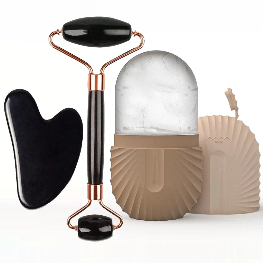 Rouleau de Glace Visage et Outil Gua Sha - Kit Soin du Visage Raffermissant et Massant (1/2/3 pièces)