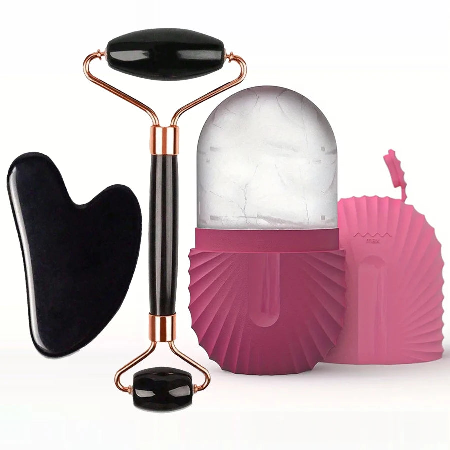 Rouleau de Glace Visage et Outil Gua Sha - Kit Soin du Visage Raffermissant et Massant (1/2/3 pièces)