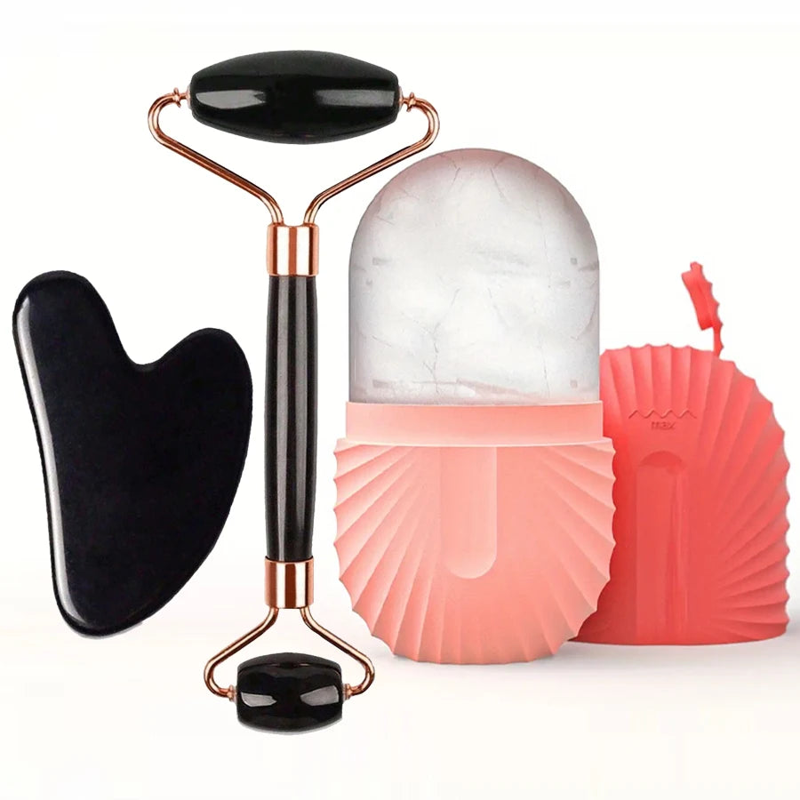 Rouleau de Glace Visage et Outil Gua Sha - Kit Soin du Visage Raffermissant et Massant (1/2/3 pièces)