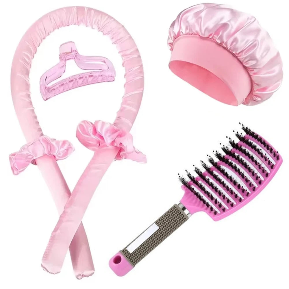 Kit de Coiffure Sans Chaleur 6 Pièces - Bigoudis Satin, Bonnet et Brosse pour Boucles Toute la Nuit