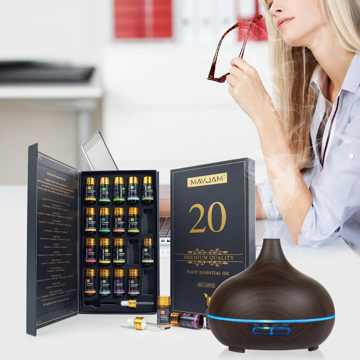 Coffret 20 huiles essentielles pour diffuseur – Extraits naturels (Frankincense, Vanille, Citron, Menthe, Jasmin…)