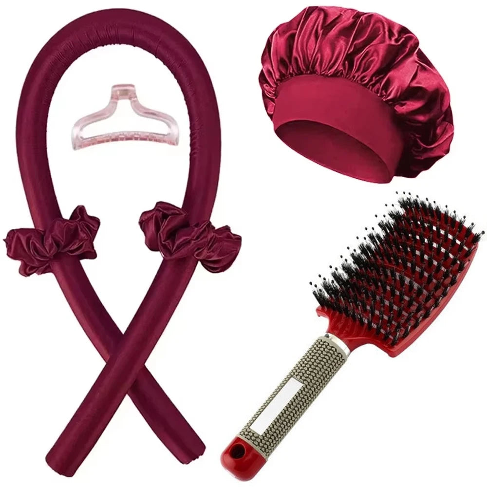 Kit de Coiffure Sans Chaleur 6 Pièces - Bigoudis Satin, Bonnet et Brosse pour Boucles Toute la Nuit