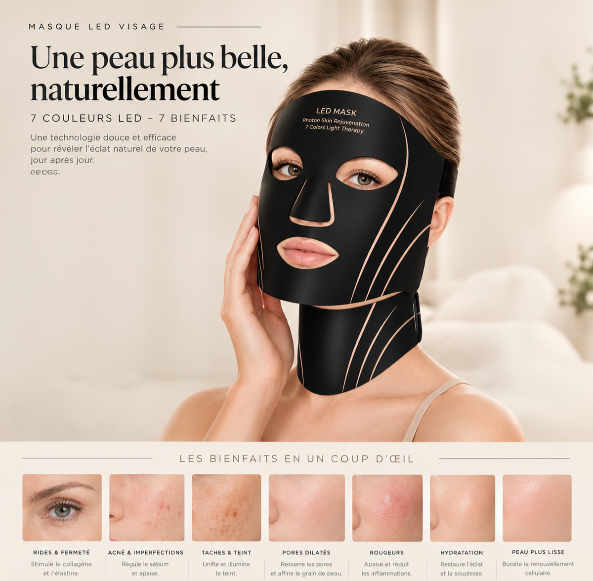 Masque facial LED portable en silicone à 7 couleurs pour la thérapie par la lumière