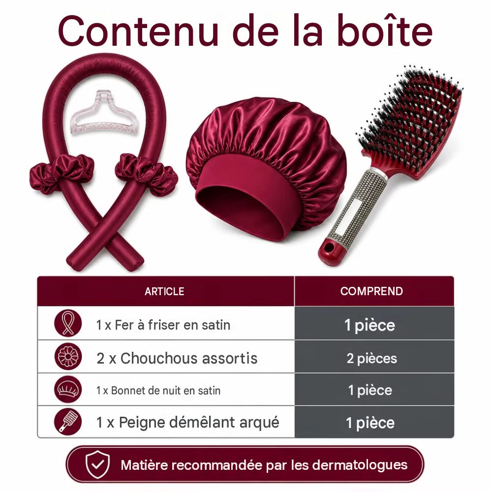 Kit de Coiffure Sans Chaleur 6 Pièces - Bigoudis Satin, Bonnet et Brosse pour Boucles Toute la Nuit