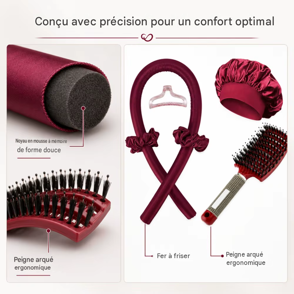 Kit de Coiffure Sans Chaleur 6 Pièces - Bigoudis Satin, Bonnet et Brosse pour Boucles Toute la Nuit