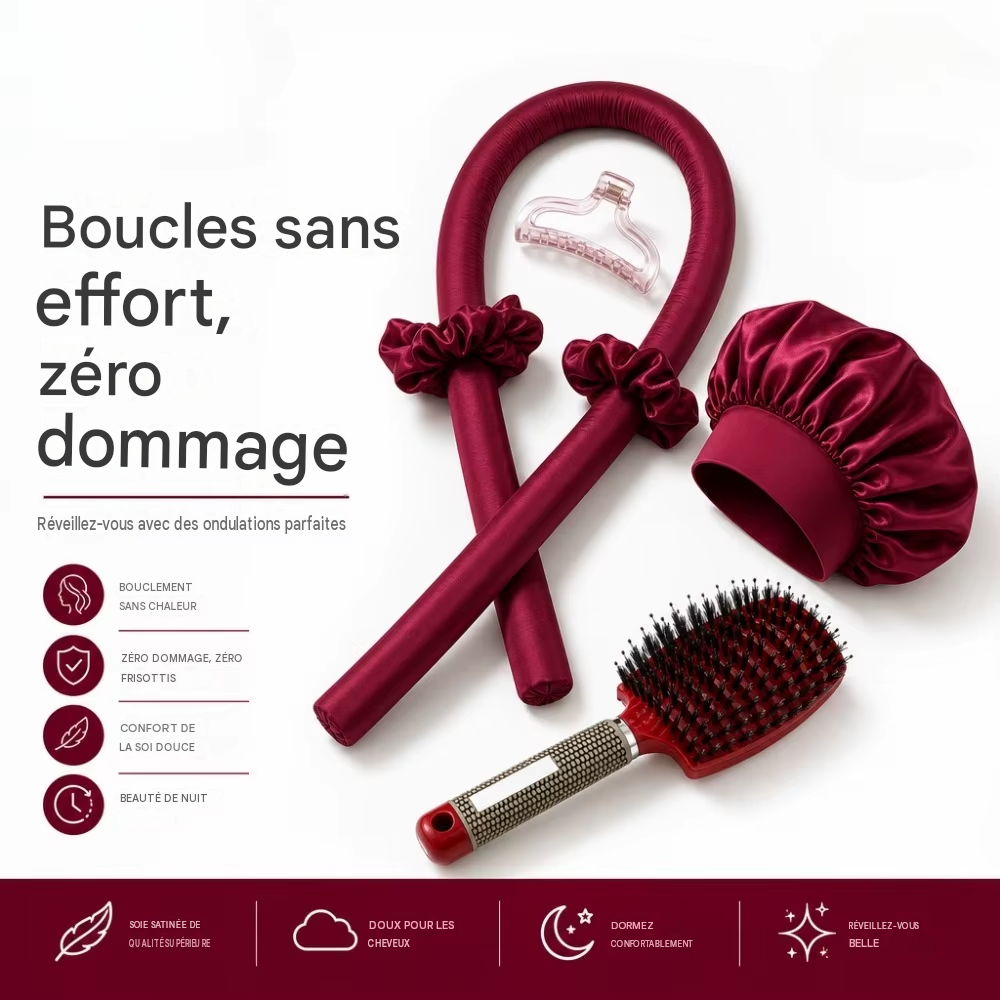 Kit de Coiffure Sans Chaleur 6 Pièces - Bigoudis Satin, Bonnet et Brosse pour Boucles Toute la Nuit