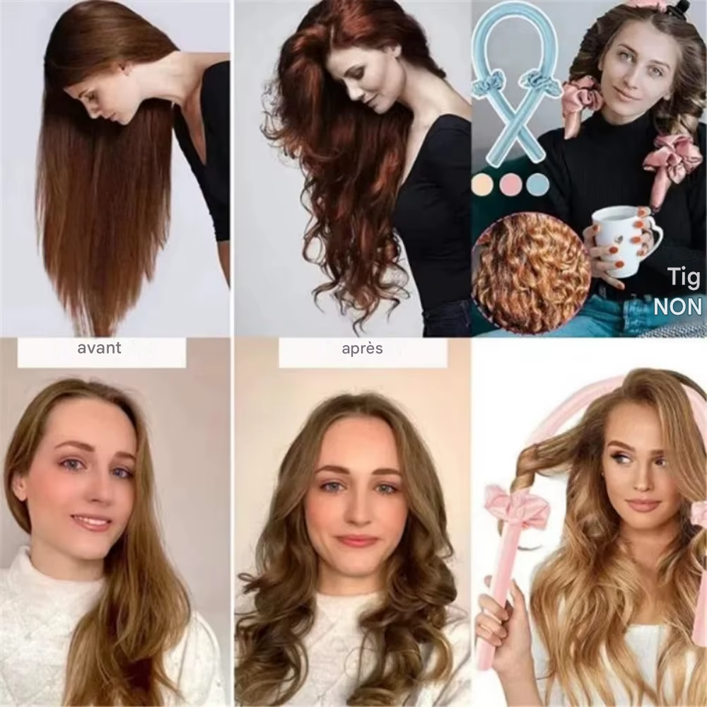 Kit de Coiffure Sans Chaleur 6 Pièces - Bigoudis Satin, Bonnet et Brosse pour Boucles Toute la Nuit