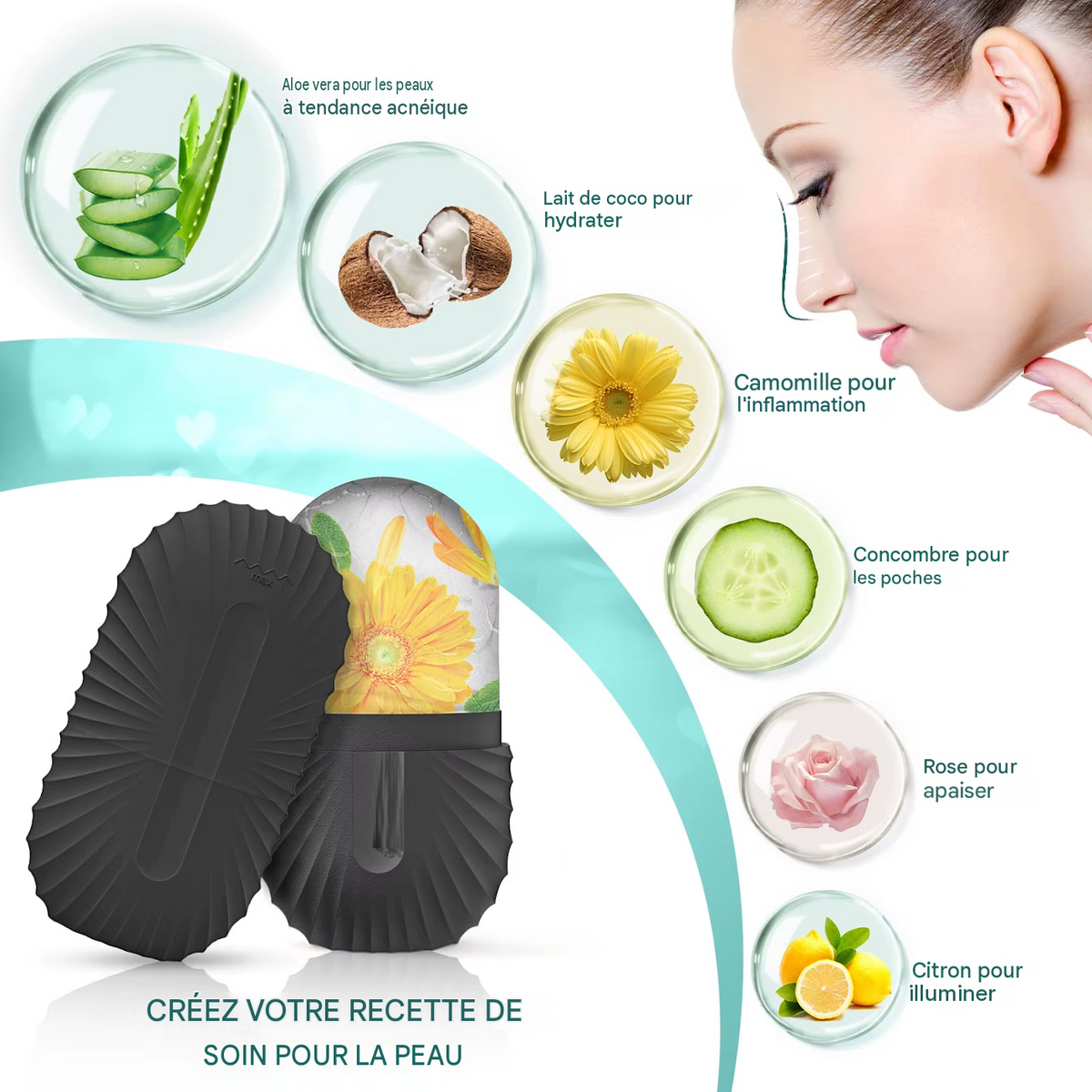Rouleau de Glace Visage et Outil Gua Sha - Kit Soin du Visage Raffermissant et Massant (1/2/3 pièces)