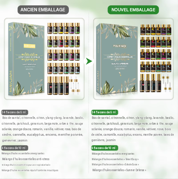 Ensemble de 28 huiles essentielles naturelles idéal pour la diffusion et le bien être