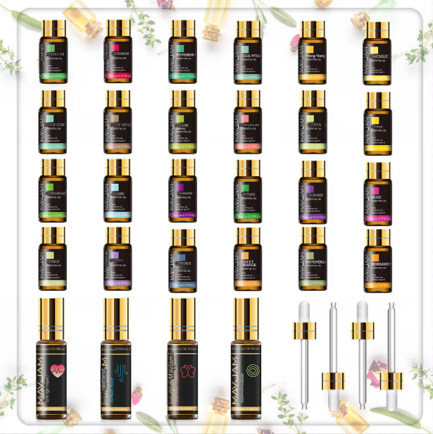 Ensemble de 28 huiles essentielles naturelles idéal pour la diffusion et le bien être