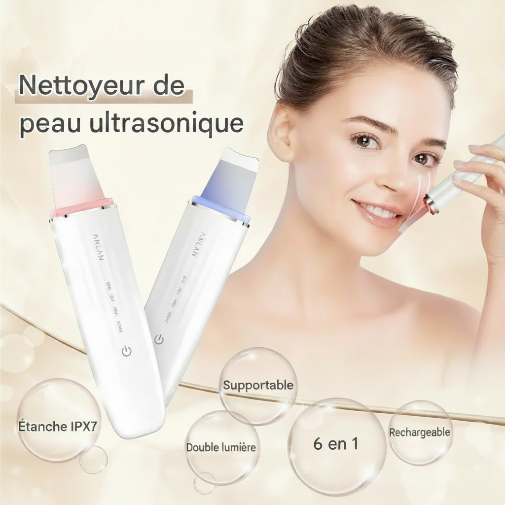 Nettoyeur de peau à ultrasons et luminothérapie LED - IPX7