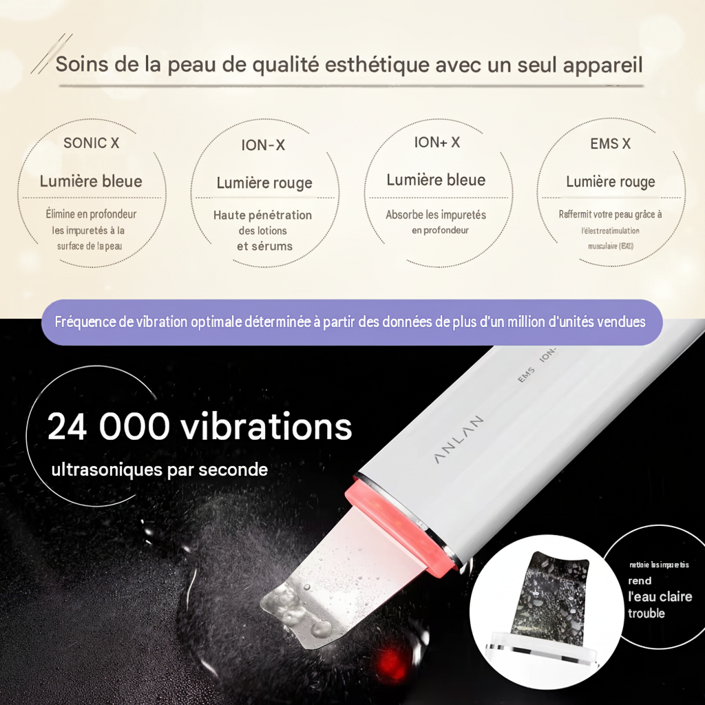 Nettoyeur de peau à ultrasons et luminothérapie LED - IPX7