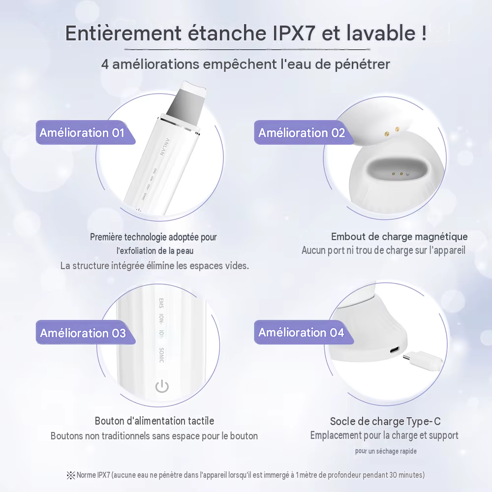 Nettoyeur de peau à ultrasons et luminothérapie LED - IPX7