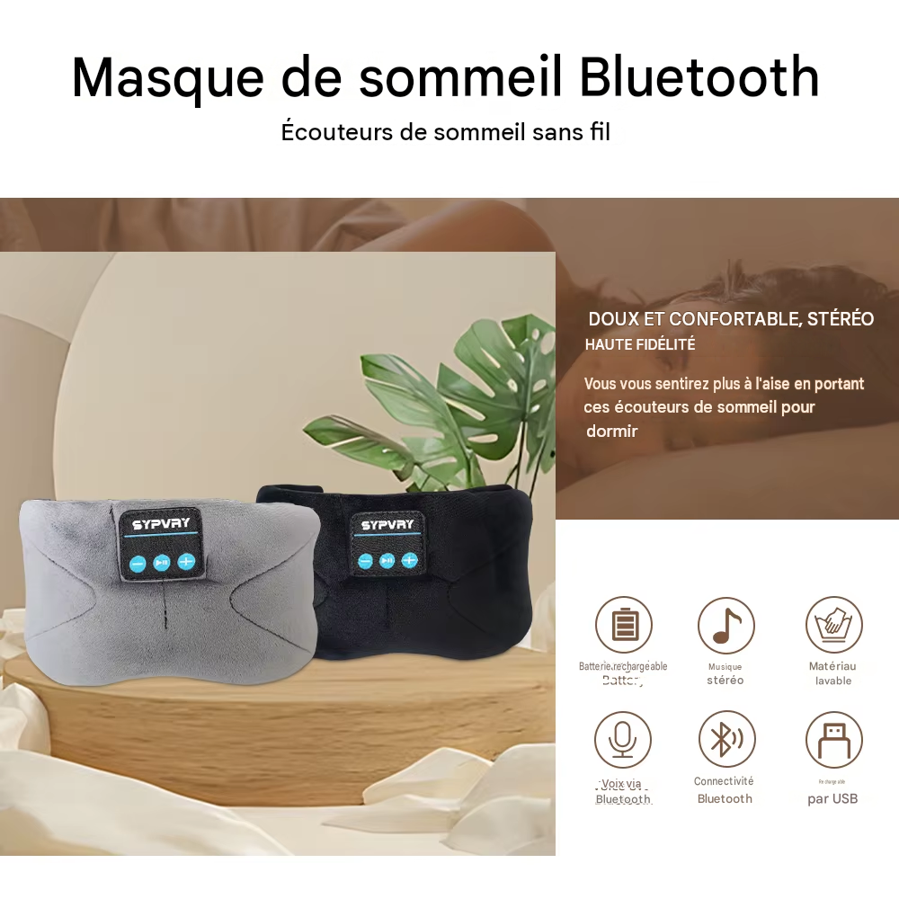 Masque de sommeil Bluetooth idéal pour dormir se reposer en avion ou faire du sport