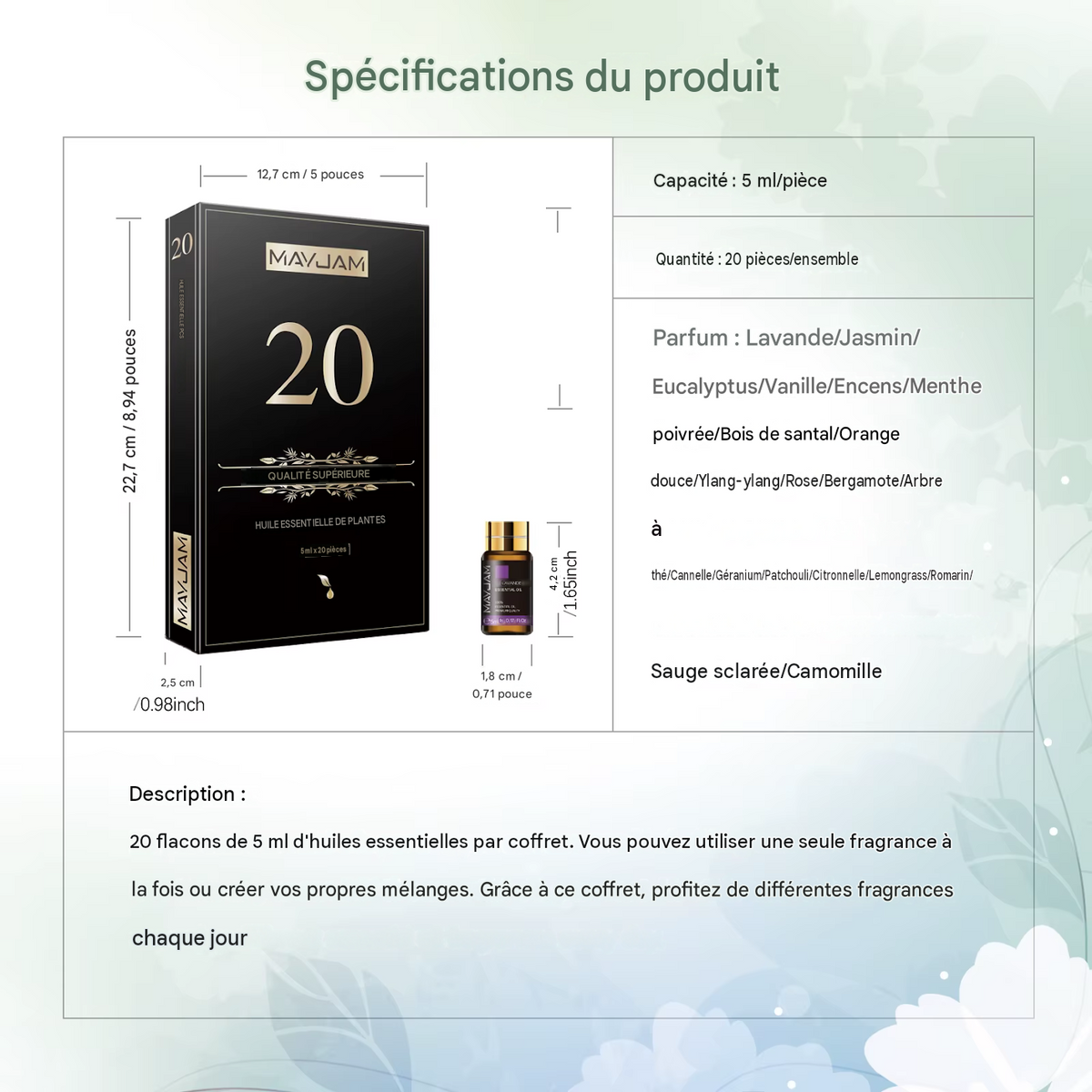 Coffret 20 huiles essentielles pour diffuseur – Extraits naturels (Frankincense, Vanille, Citron, Menthe, Jasmin…)