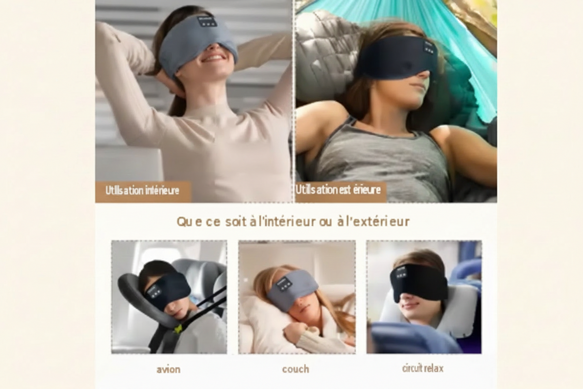 Masque de sommeil Bluetooth idéal pour dormir se reposer en avion ou faire du sport